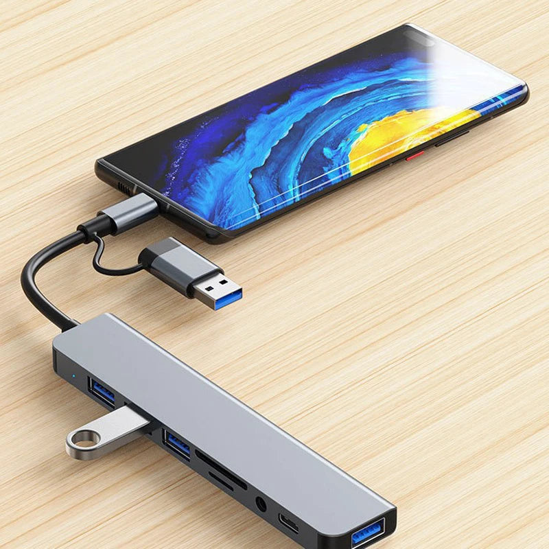 Multifunctional 8-in-2 USB-C Hub for Laptops, Tablets, and Smartphones
