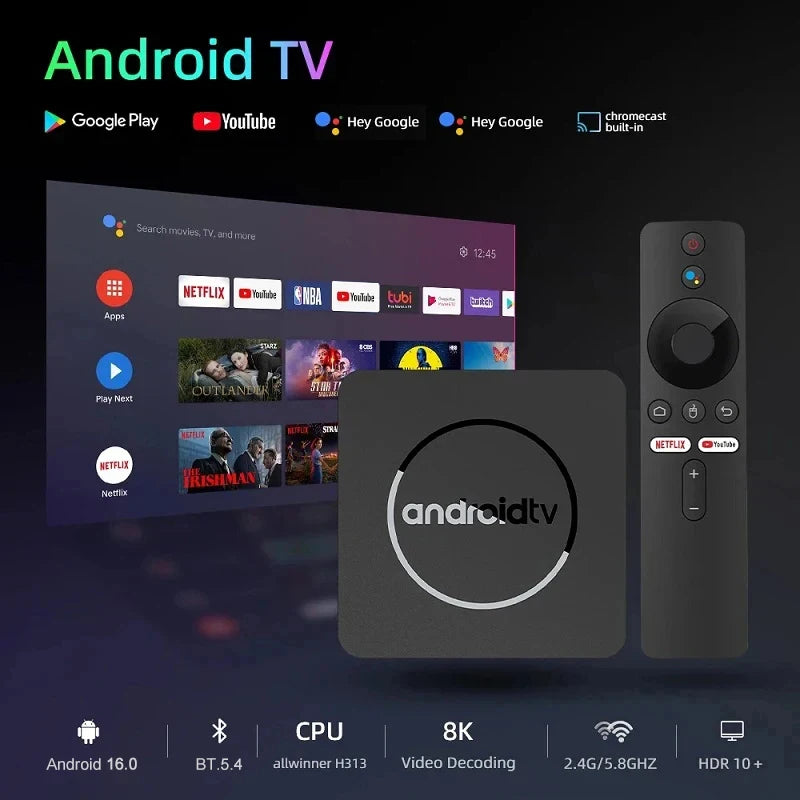 Q10 Android 16 TV Box – 8K HDR10+, Dual WiFi, Bluetooth 5.0 & Voice Control