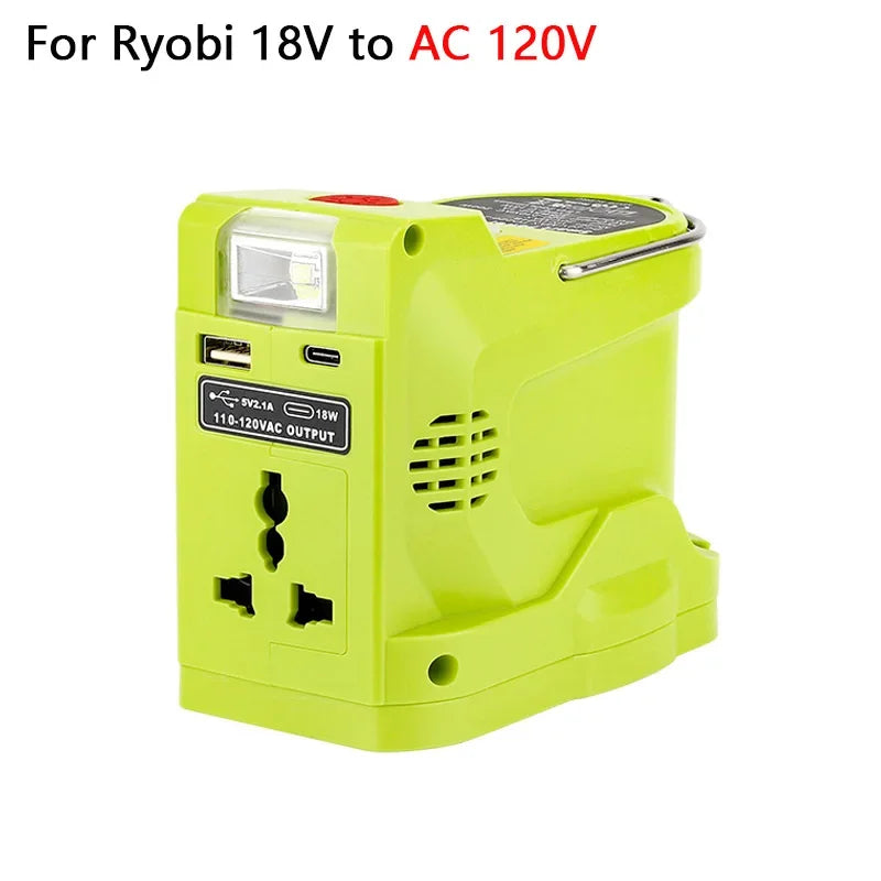 200W Power Inverter Generator for Ryobi 18V Lithium Battery,DC 18V To AC 120V 220V Portable Power Station with 280lm LED Light