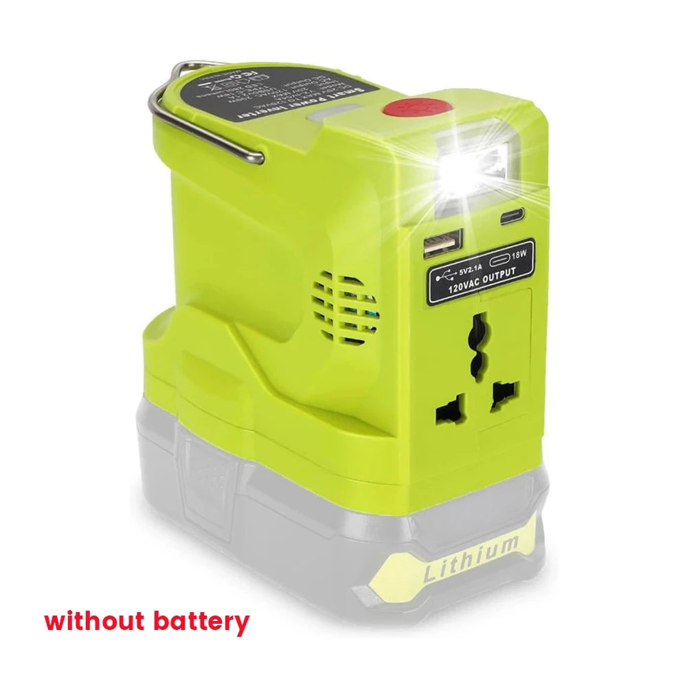 200W Power Inverter Generator for Ryobi 18V Lithium Battery,DC 18V To AC 120V 220V Portable Power Station with 280lm LED Light