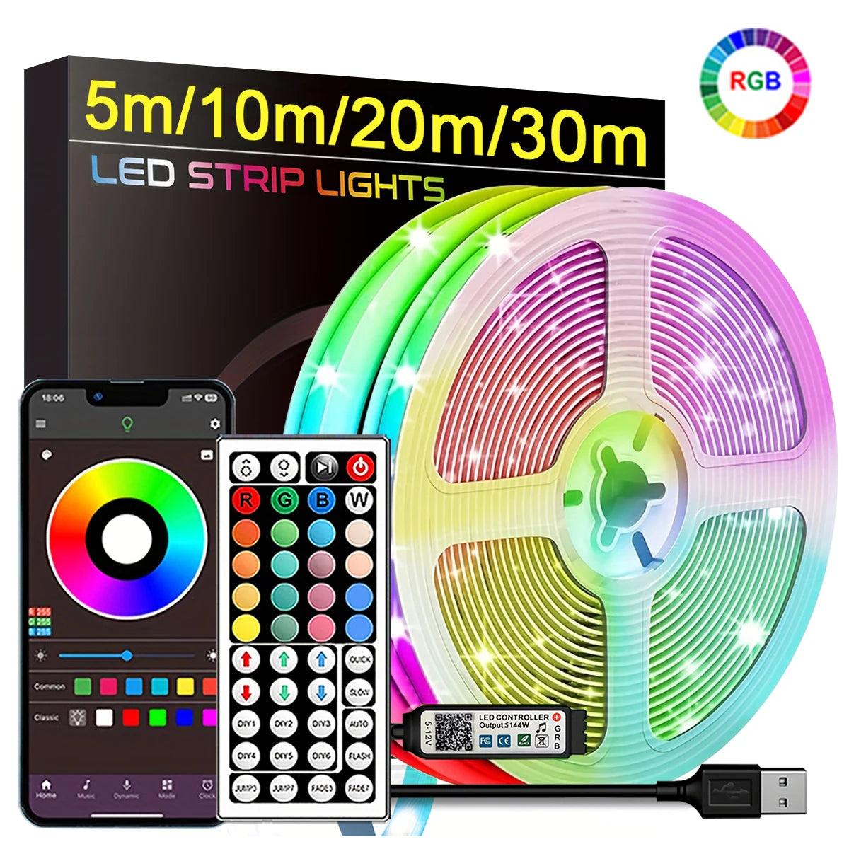RGB LED Strip Lights – 5M/10M/20M/30M Flexible Light Strip with APP Control for Room Decoration