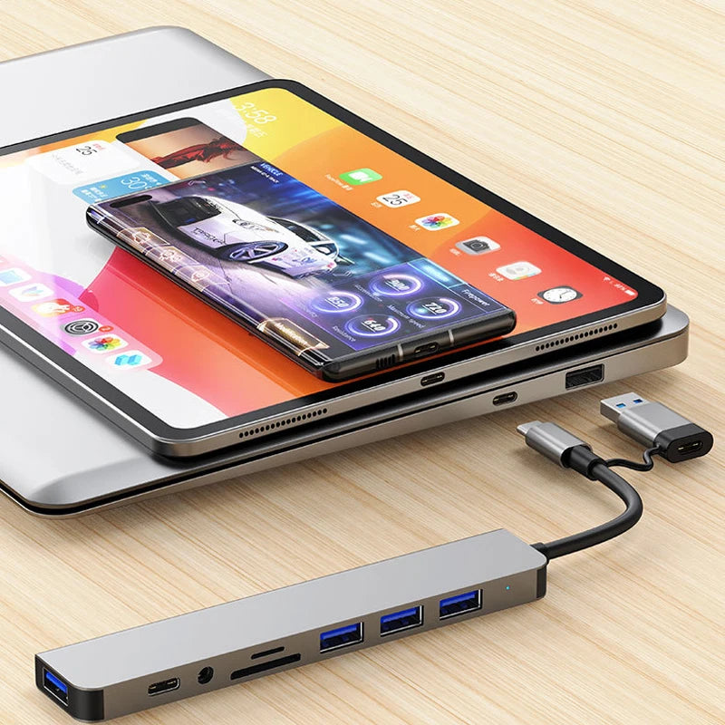 Multifunctional 8-in-2 USB-C Hub for Laptops, Tablets, and Smartphones