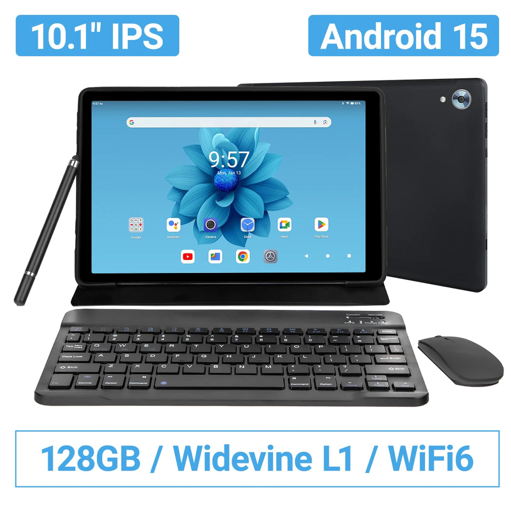 URAO 10" Android 15 Tablet – 128GB, WiFi 6, Keyboard, Stylus & Mouse Bundle