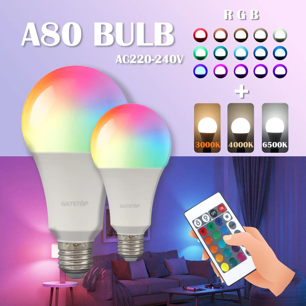 20W RGB LED Light Bulb – Dimmable Color-Changing Lamp with 24-Key Remote Control