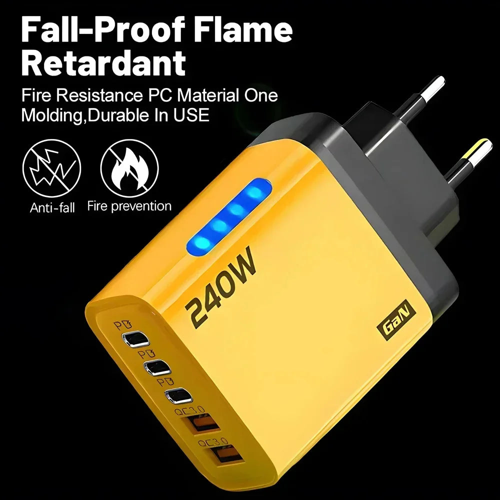 240W GaN 5-Port Fast USB Charger – Multi-Port Wall Adapter for iPhone, Samsung, Xiaomi & More