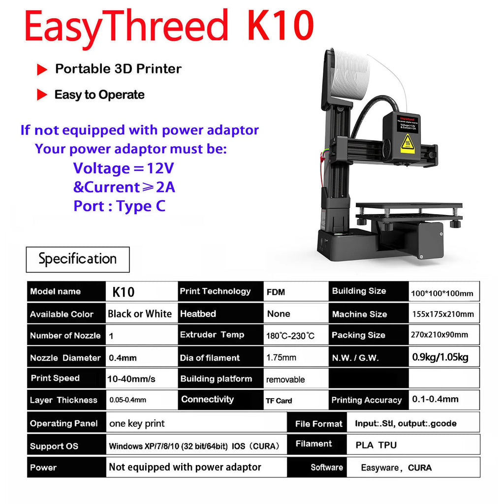 EasyThreed Entry-Level 3D Printer – Compatible with PLA & TPU 1.75mm Filament, Includes Power Adapter
