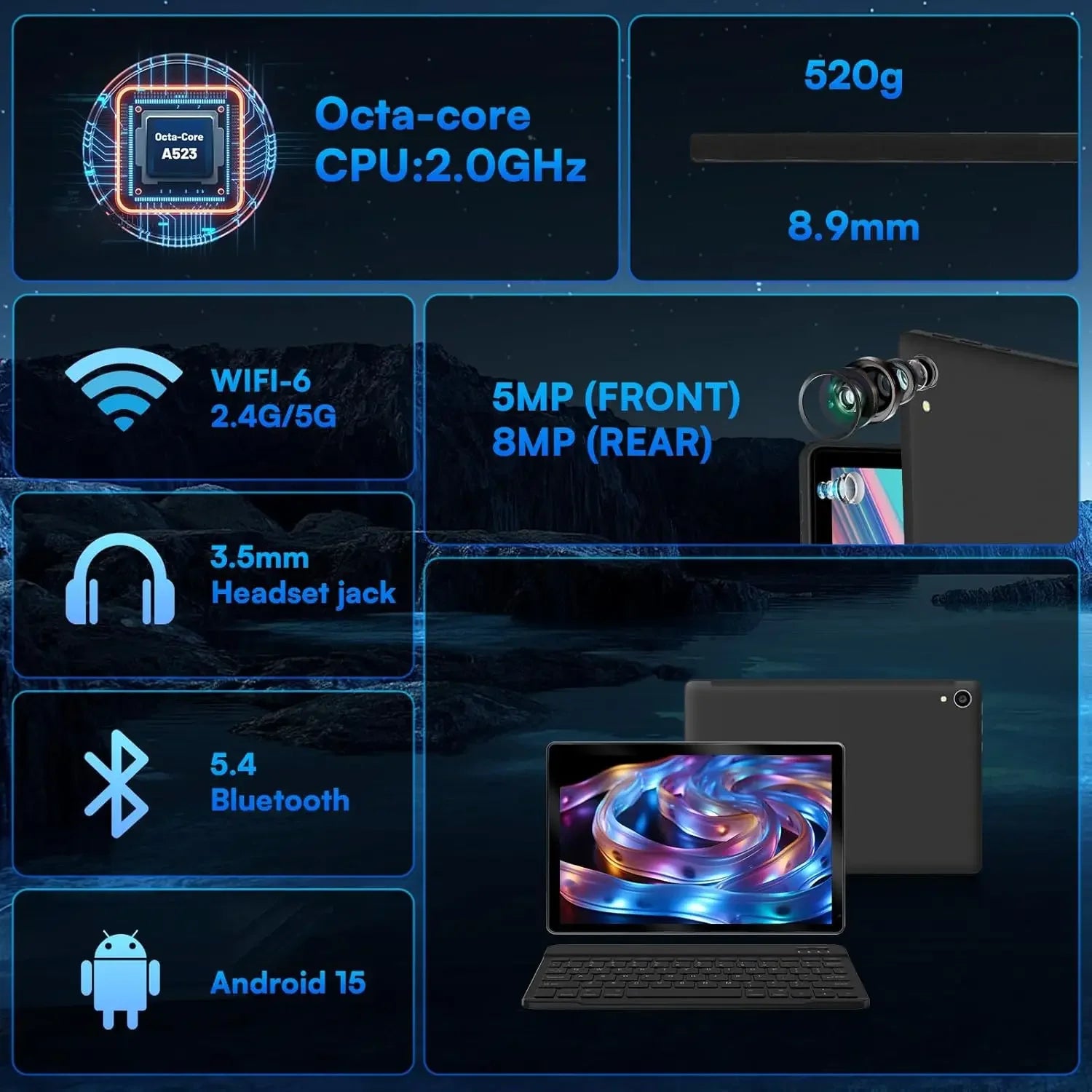 URAO 10" Android 15 Tablet – 128GB, WiFi 6, Keyboard, Stylus & Mouse Bundle