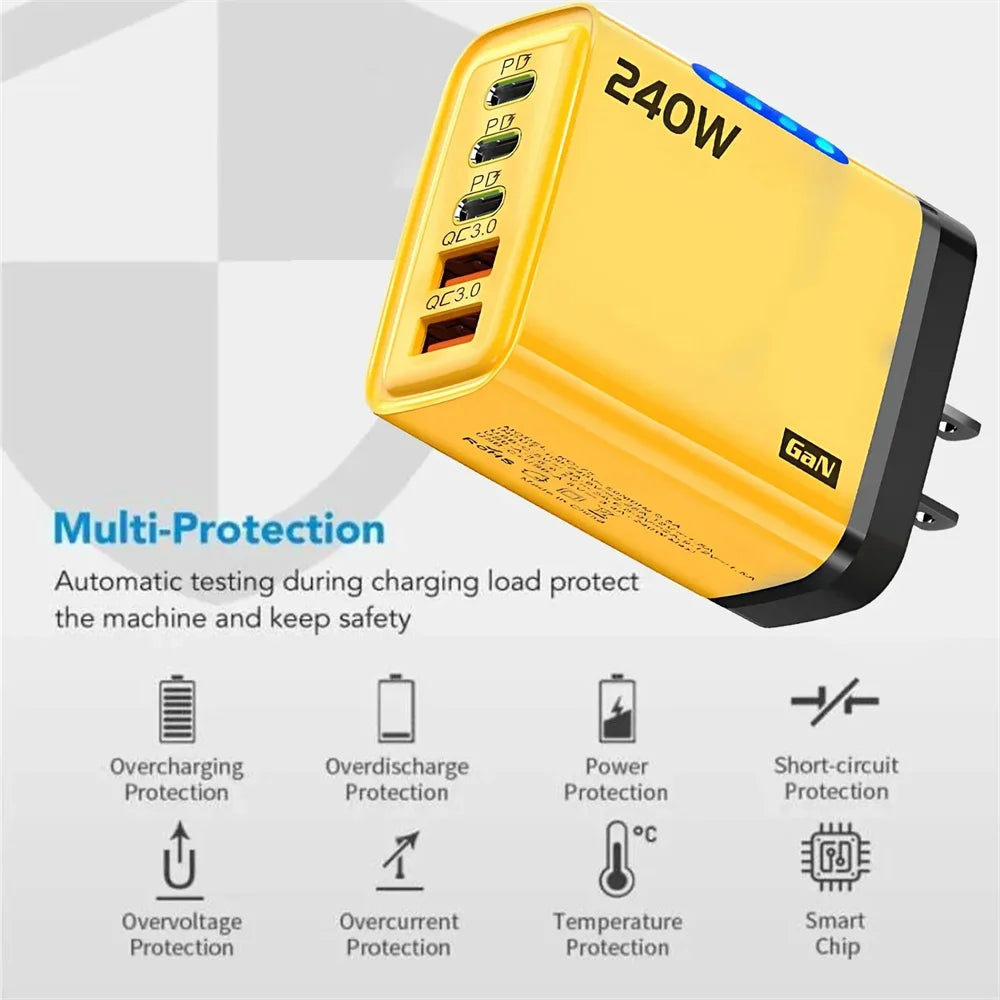 240W GaN 5-Port Fast USB Charger – Multi-Port Wall Adapter for iPhone, Samsung, Xiaomi & More