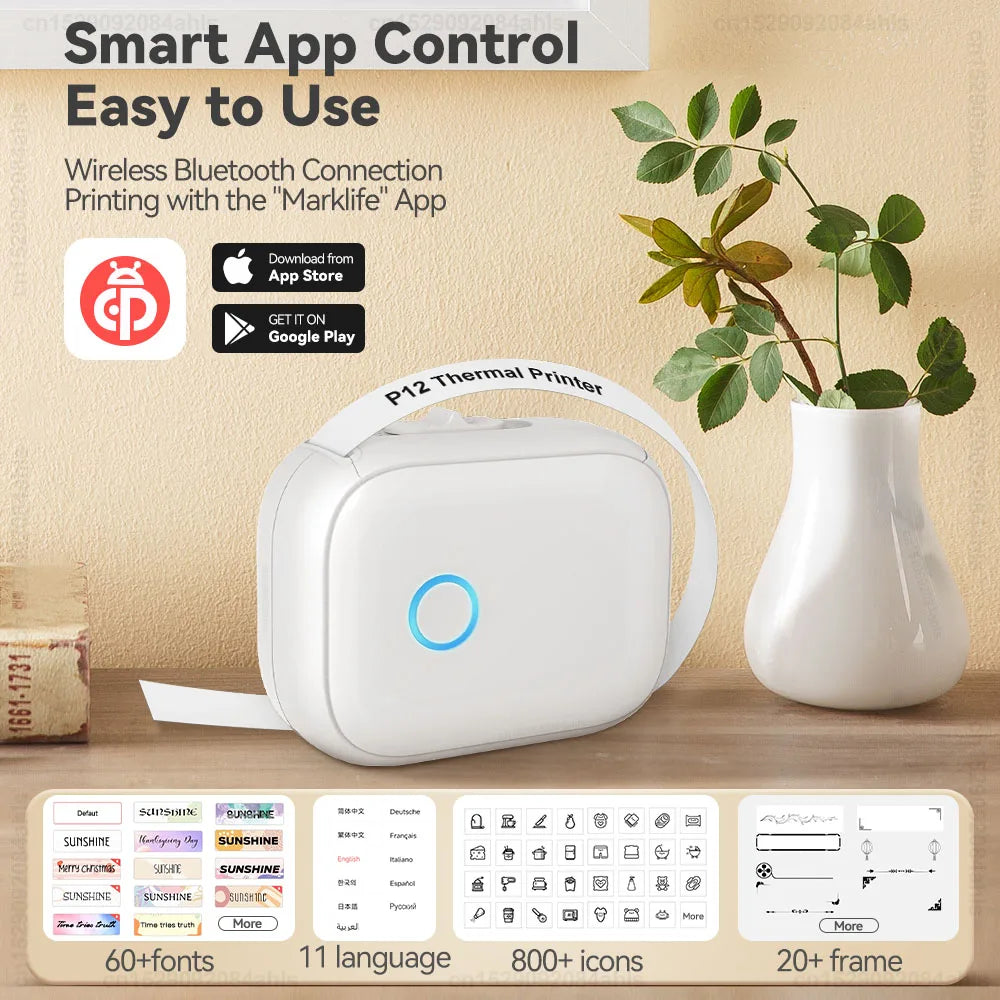 Marklife P12 Portable Mini Thermal Label Printer – Bluetooth Sticker Label Maker with Continuous Label Tape