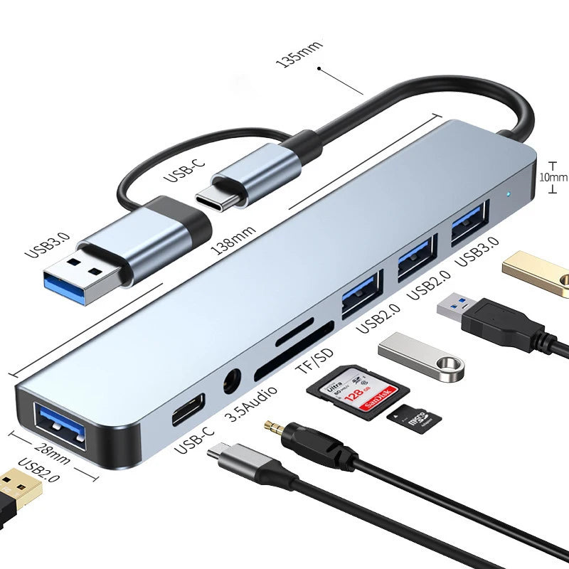 Multifunctional 8-in-2 USB-C Hub for Laptops, Tablets, and Smartphones