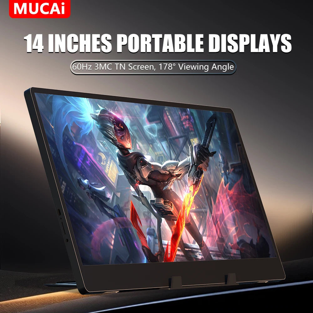 MUCAI 14" Portable Monitor – 60Hz HD USB-C & Mini HDMI External Display